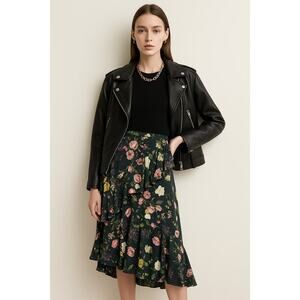 Eliza J Floral Ruffle Midi Skirt Green Pink Yellow Asymmetrical NWT Size 12